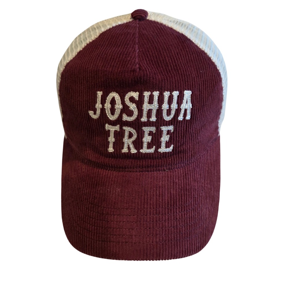 Mad Engine Joshua Tree Corduroy Trucker Hat Burgundy Cream Chain Stitch Snapback